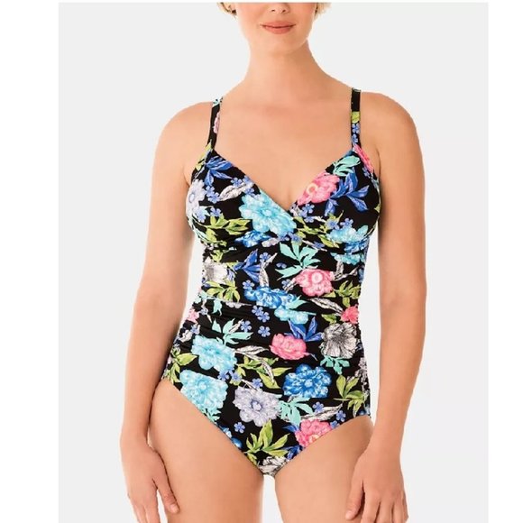 Swim Solutions Soft Blooms Tummy-Control Swimsuit - Picture 1 of 1